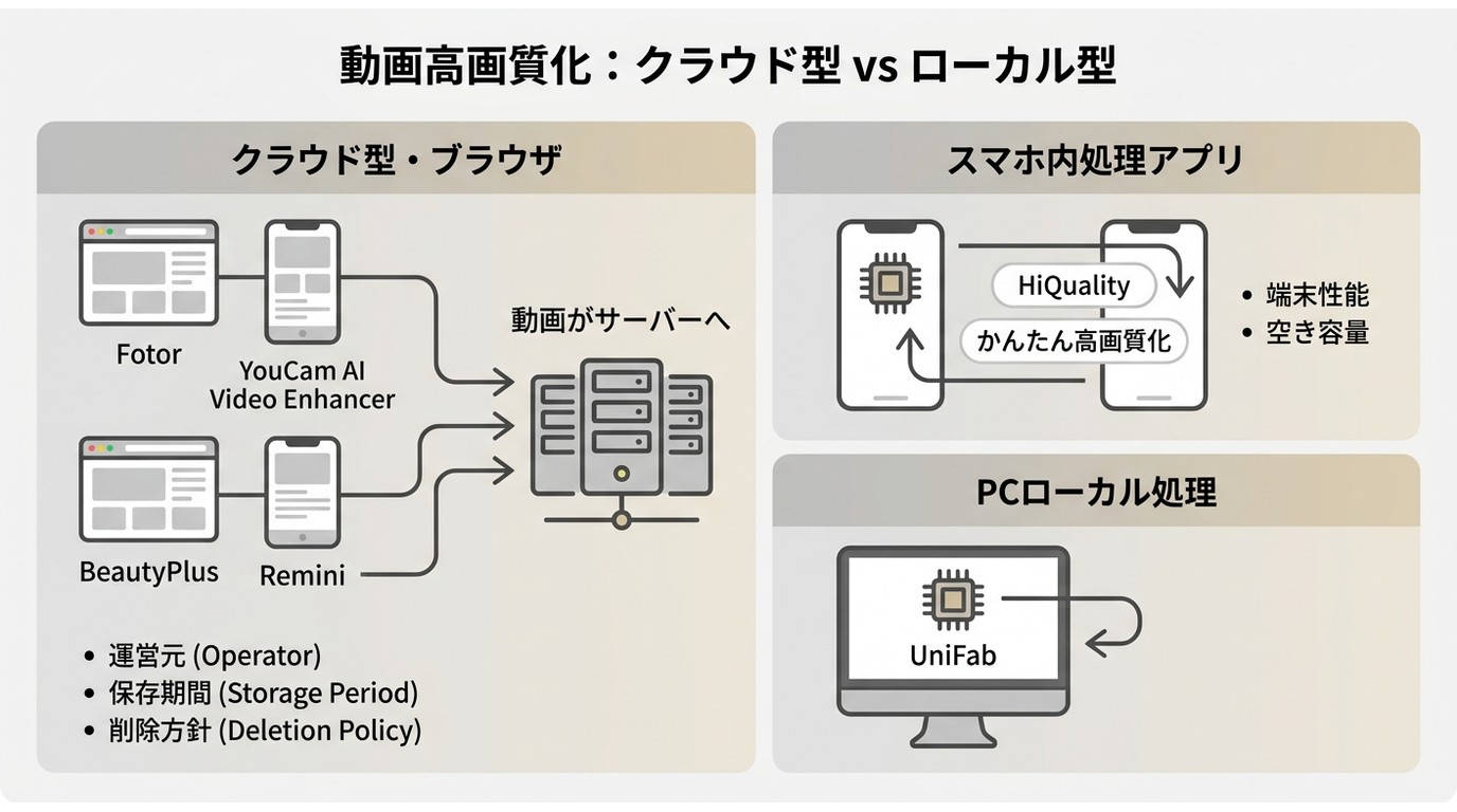 クラウド型とローカル型で動画の処理場所が異なることを示す図