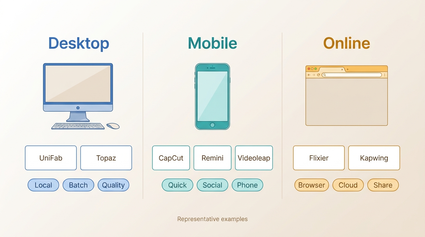 Comparison of desktop, mobile, and online video enhancer types with UniFab, CapCut, Flixier, and Kap