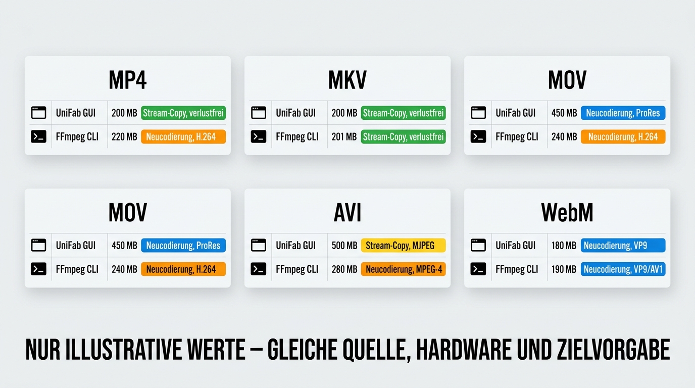Vergleich von UniFab und FFmpeg bei fünf Formatwegen mit Hinweis auf illustrative Messwerte