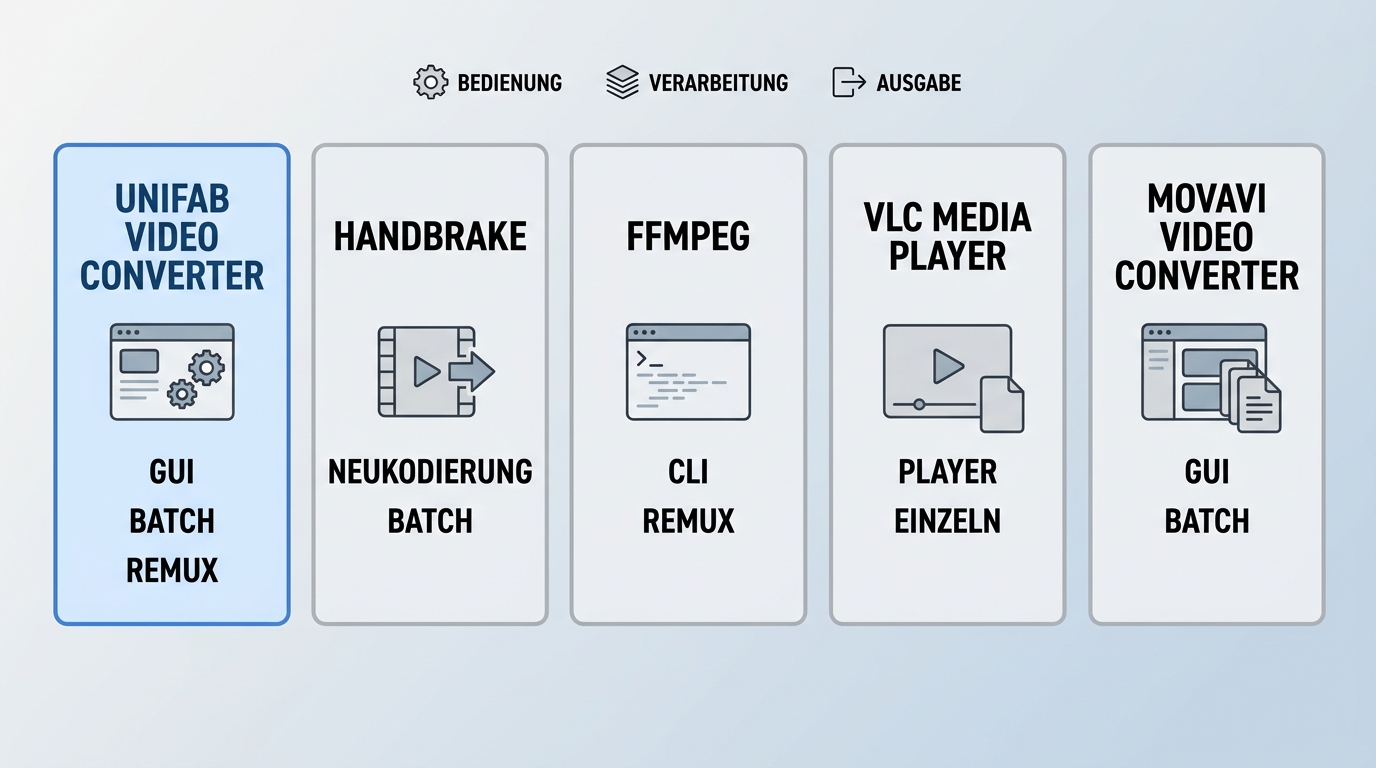 Vergleich von UniFab, HandBrake, FFmpeg, VLC und Movavi für FLV zu MP4.