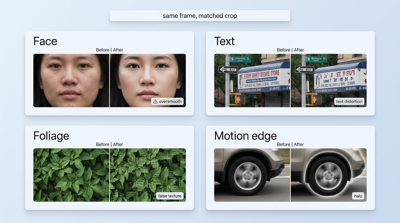 Matched before-and-after crops for face, text, foliage, and motion edge in video testing