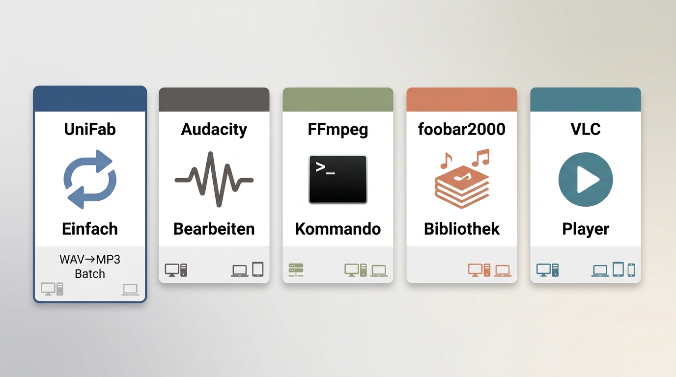 Vergleich von UniFab Video Converter, Audacity, FFmpeg, foobar2000 und VLC nach Einsatzbereich.