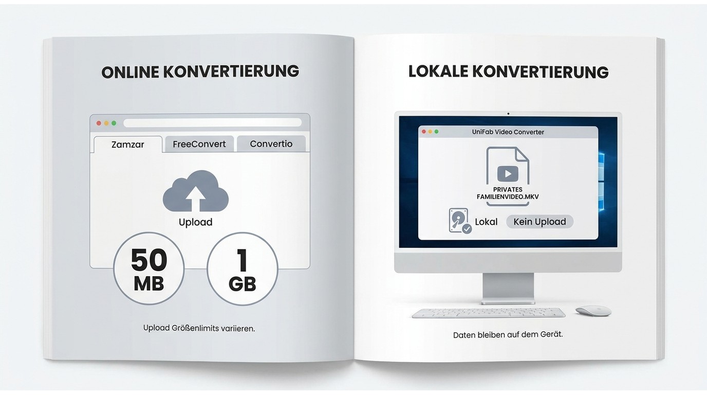 Online-Konverter mit Upload-Limits im Vergleich zur lokalen Verarbeitung mit UniFab.