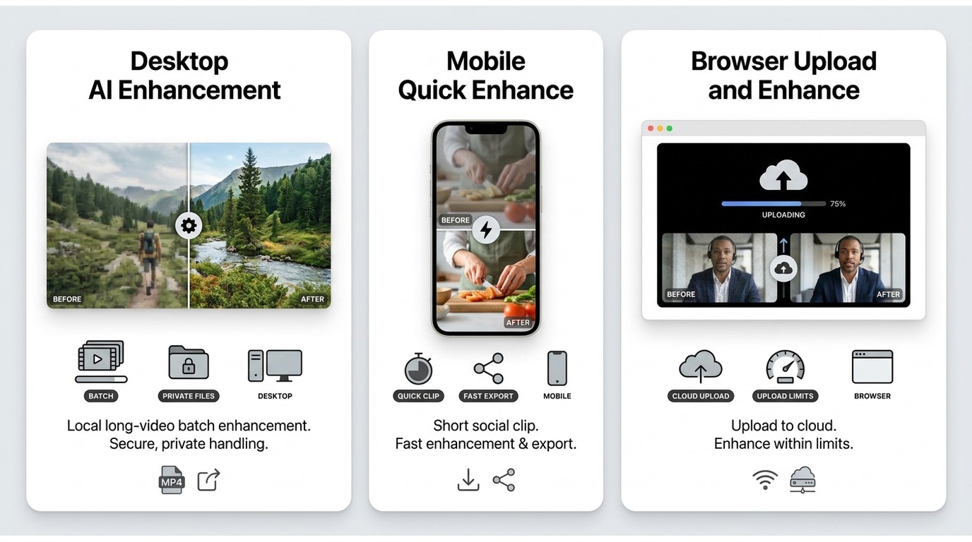 Comparison of desktop, mobile, and browser video enhancement workflows
