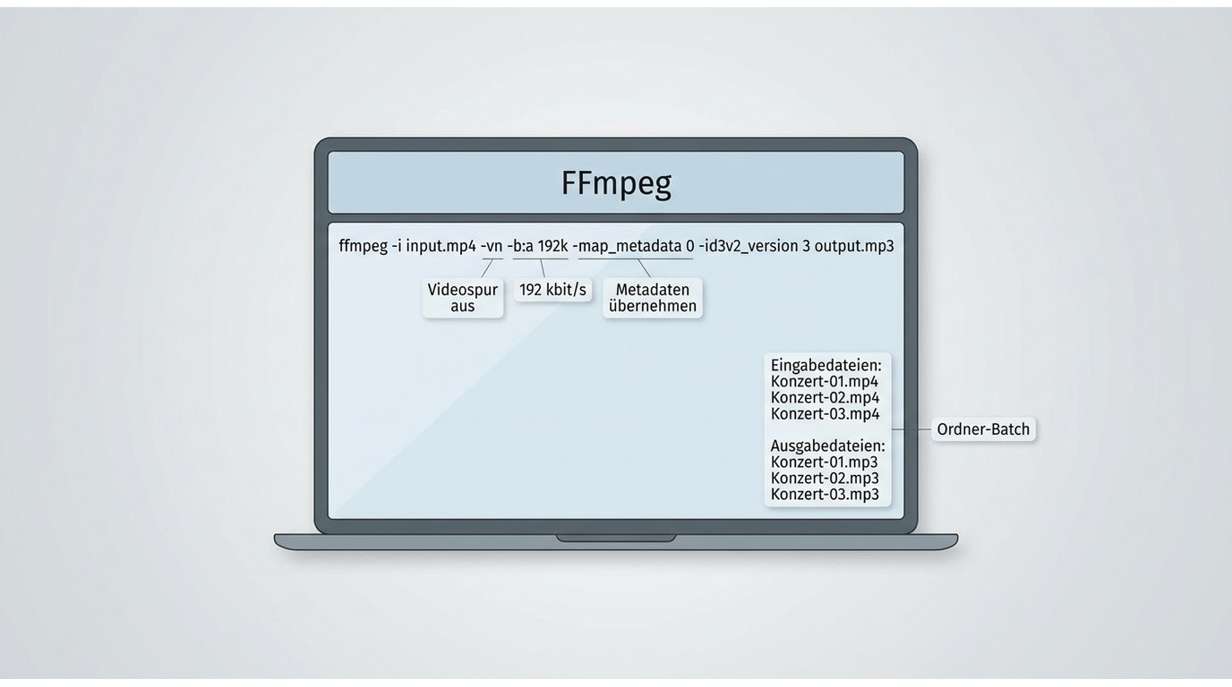 FFmpeg-Befehl für MP4 zu MP3 mit 192 kbit/s, Metadaten und Ordner-Batch.