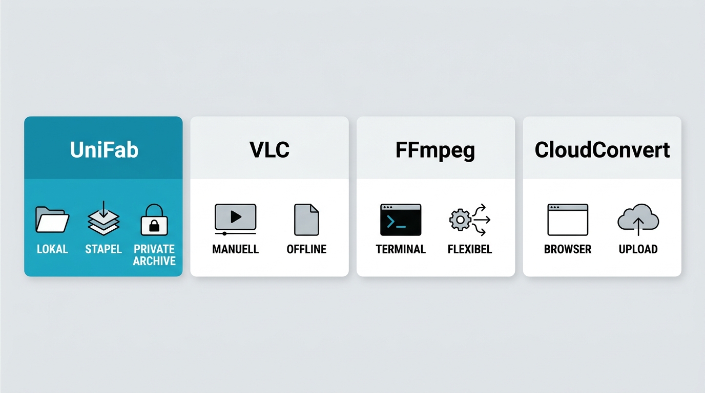 Vergleich von UniFab, VLC, FFmpeg und CloudConvert für MPG-zu-MP4-Konvertierungen.