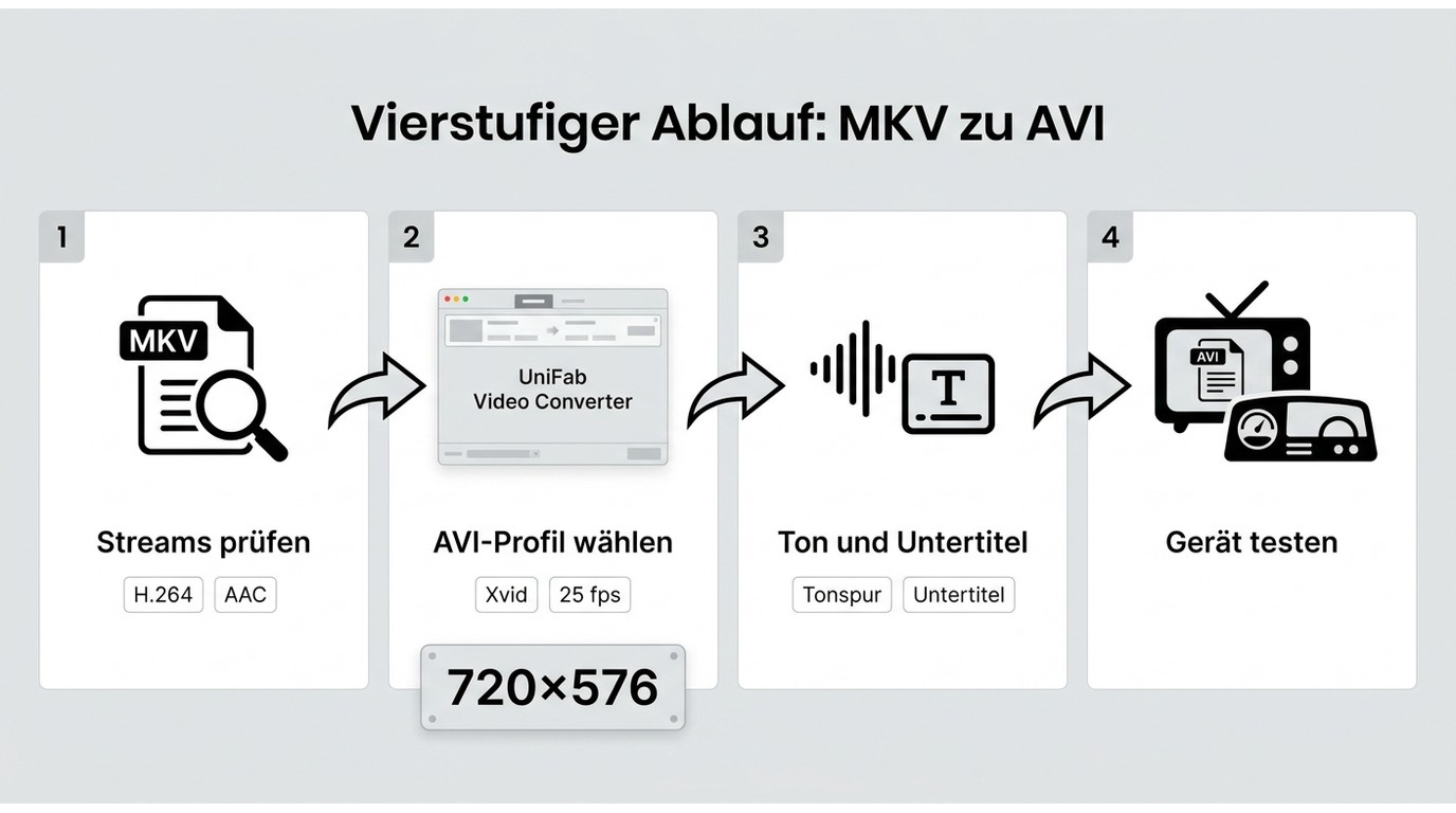 Vier Schritte von der MKV-Prüfung zum AVI-Test auf Fernseher, Autoradio oder Beamer.