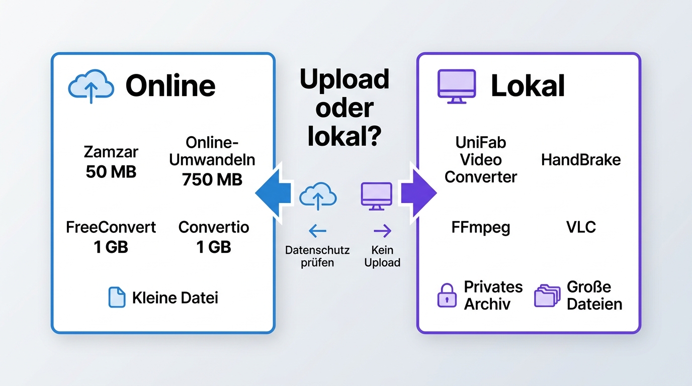 Online-Konverter mit Upload-Limits gegenüber lokalen Tools für private FLV-Archive.