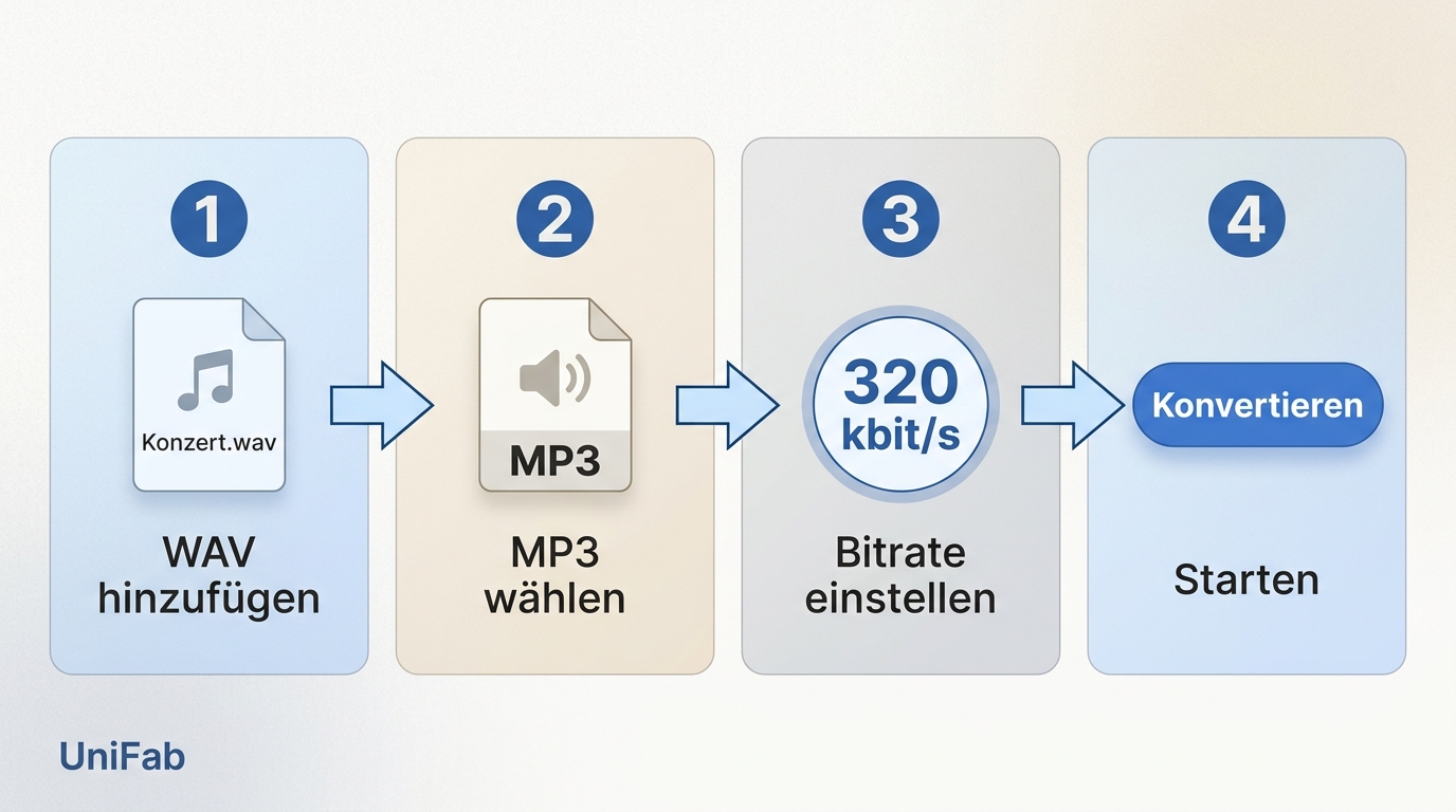 UniFab Video Converter mit WAV-Import, MP3-Auswahl, 320 kbit/s und Konvertieren-Schaltfläche.
