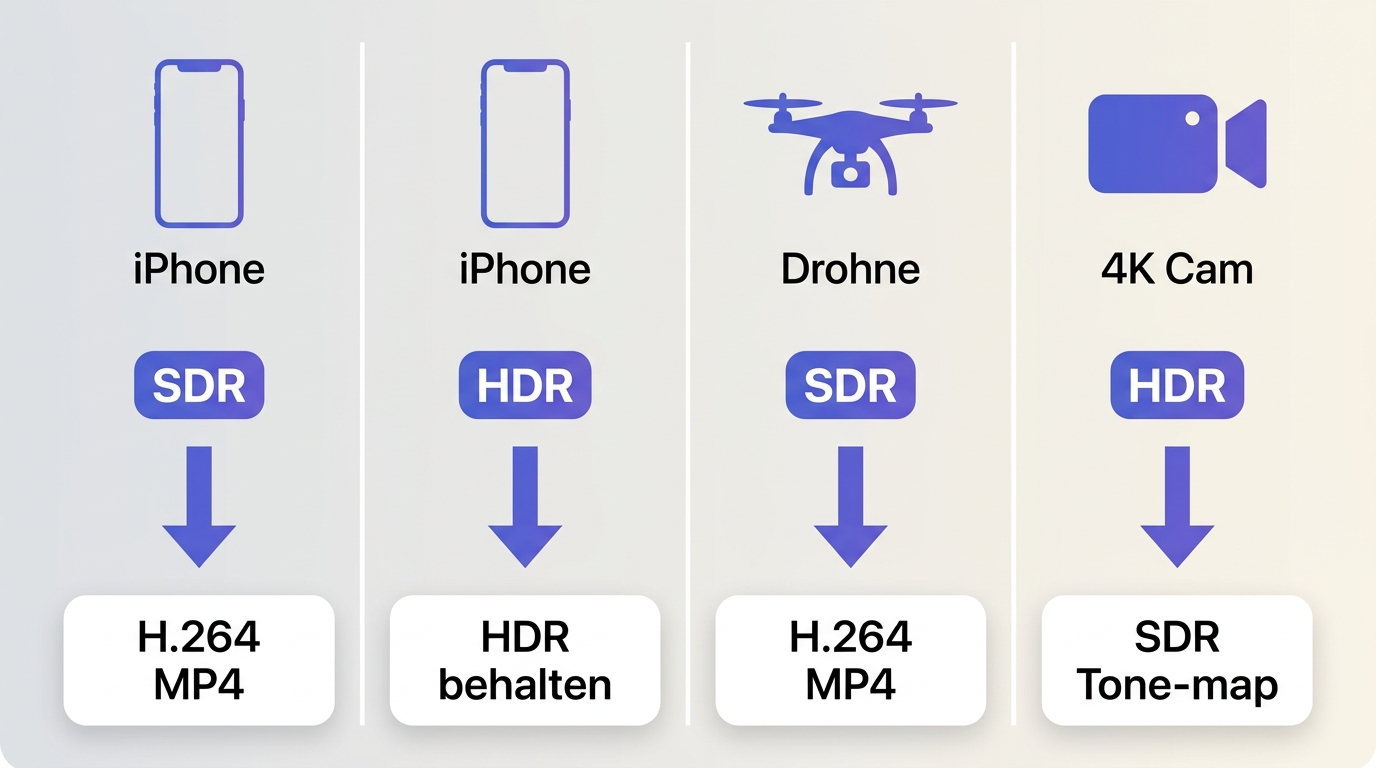 HEVC-Exportprofile für iPhone, Drohne und 4K-Camcorder mit HDR- und H.264-Entscheidungen.