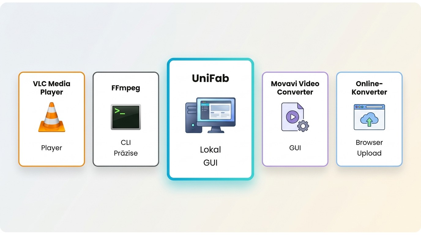 Vergleich von UniFab, FFmpeg, VLC, Movavi und Online-Konvertern für MKV zu AVI.