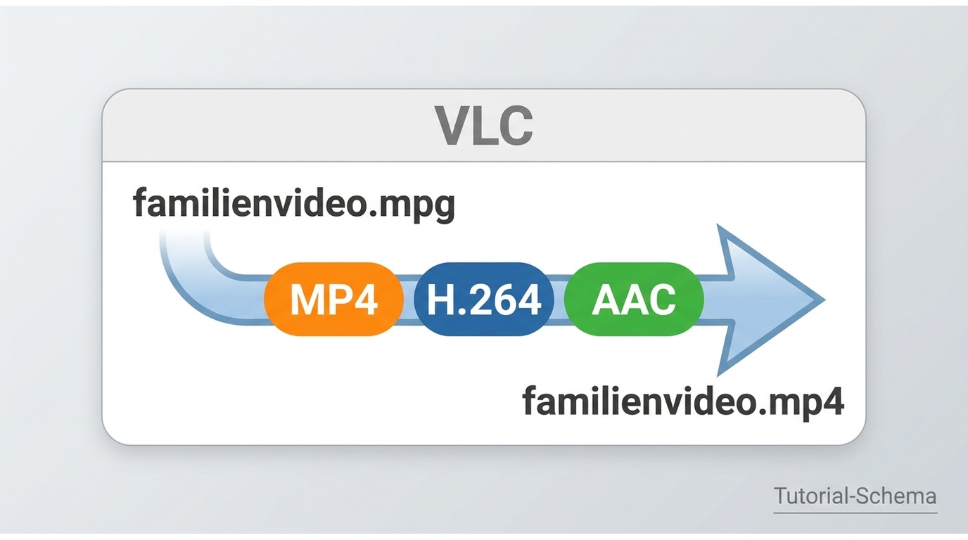 VLC-Konvertierungsdialog mit MPG-Datei, H.264-Video, AAC-Audio und MP4-Zieldatei.