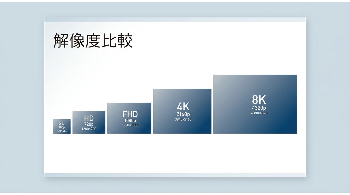 SD・HD・FHD・4K・8Kの解像度スケール比較。480pから4320pまでの相対的なピクセルサイズの違い