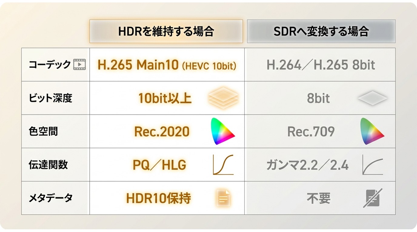 MP4保存設定の比較：HDR維持はH.265 10bit／Rec.2020／PQ、SDR変換はH.264 8bit／Rec.709／ガンマ2.2
