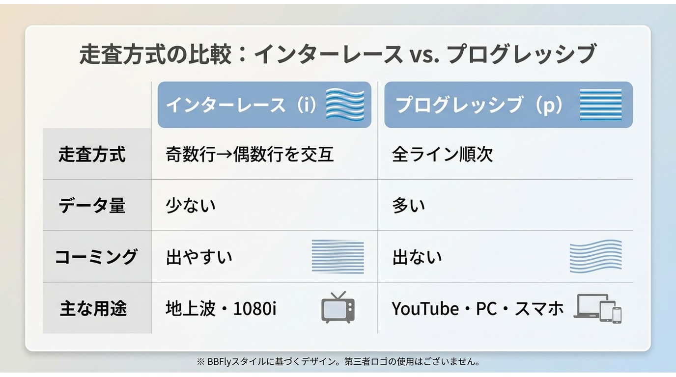 インターレースとプログレッシブの走査方式・データ量・コーミング・用途を比較した表