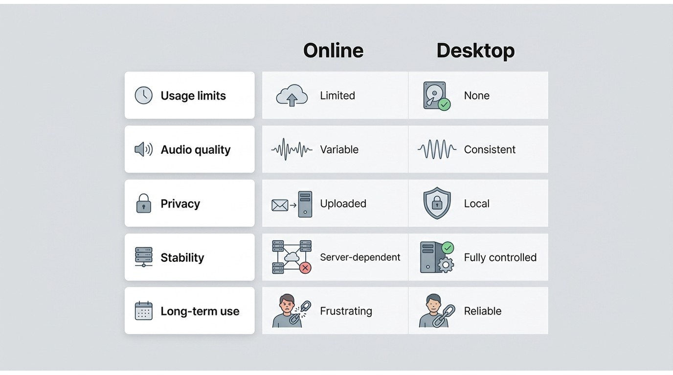 Comparison of online separators and desktop tools across limits, privacy, quality, and stability