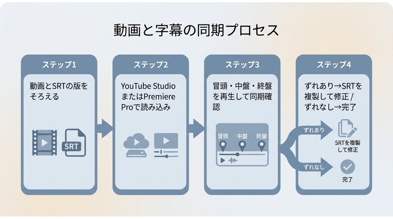 SRTをYouTubeや編集ソフトへ読み込み、同期確認して修正するまでの4ステップフロー