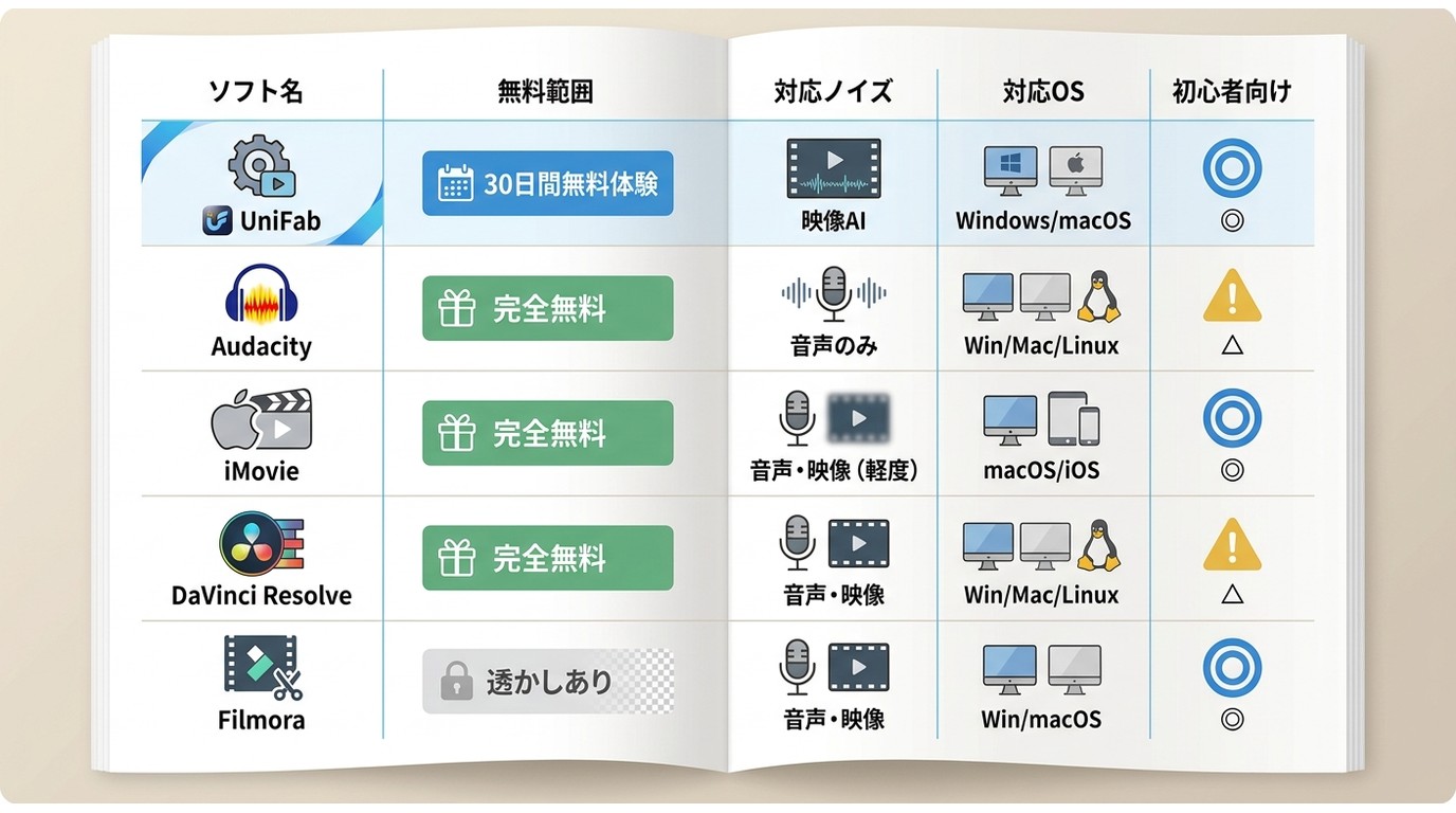 UniFab・Audacity・iMovie・DaVinci Resolve・Filmoraの無料条件・対応ノイズ・OS・初心者向け度比較
