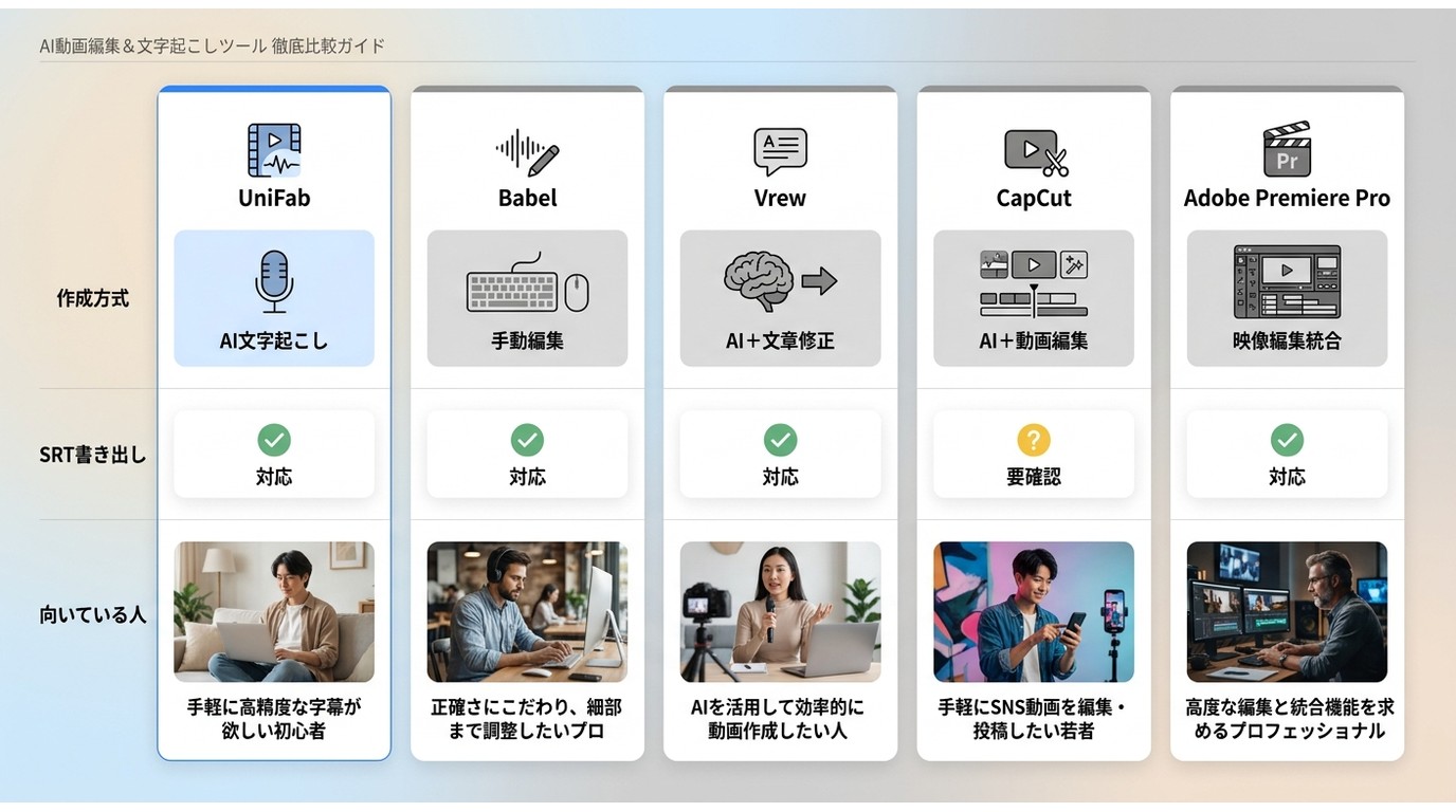 UniFab・Babel・Vrew・CapCut・Adobe Premiere Proの作成方式とSRT書き出し対応を比較した一覧