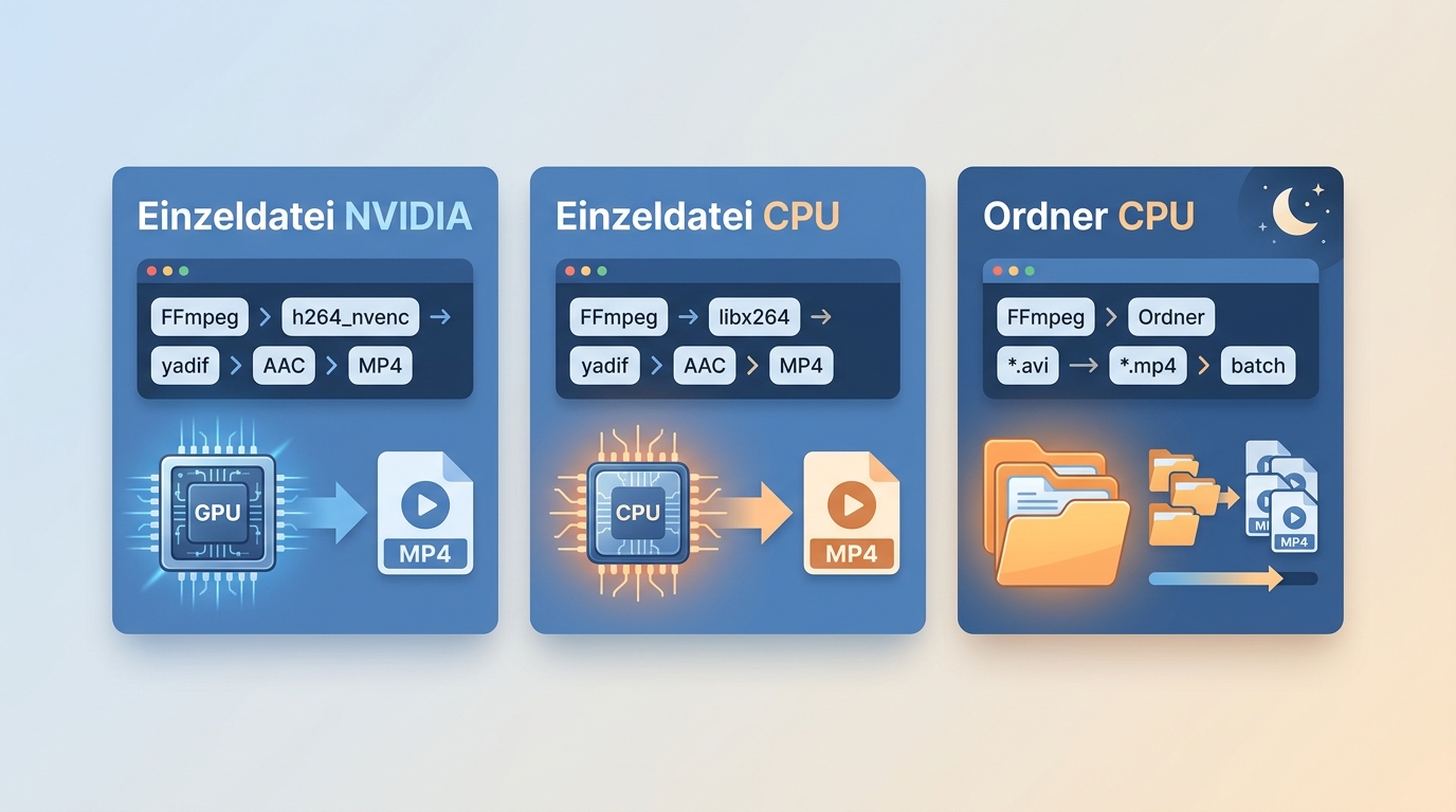 Vergleich der FFmpeg-Wege mit NVIDIA, CPU und Ordnerverarbeitung für DV-AVI zu MP4