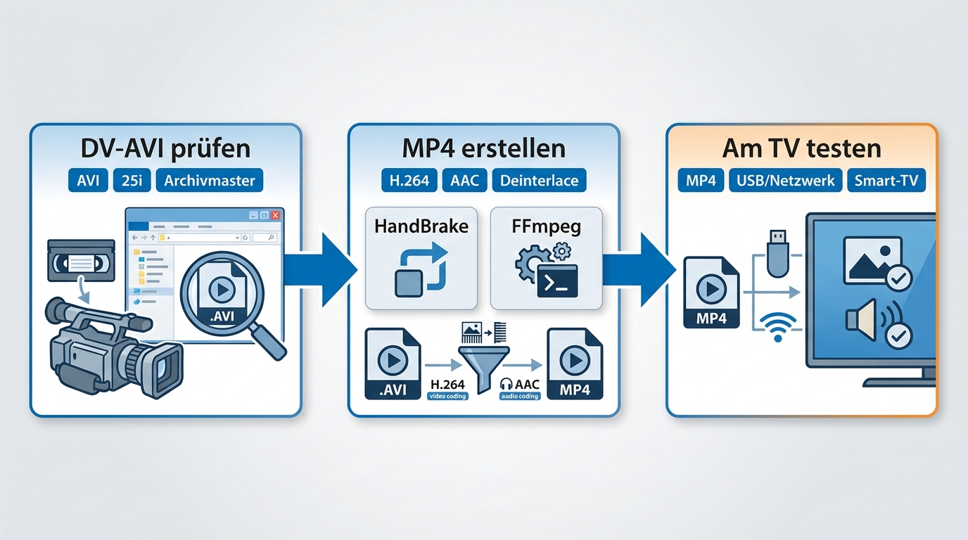 Ablauf von DV-AVI über HandBrake oder FFmpeg zur getesteten MP4-Datei am Smart-TV