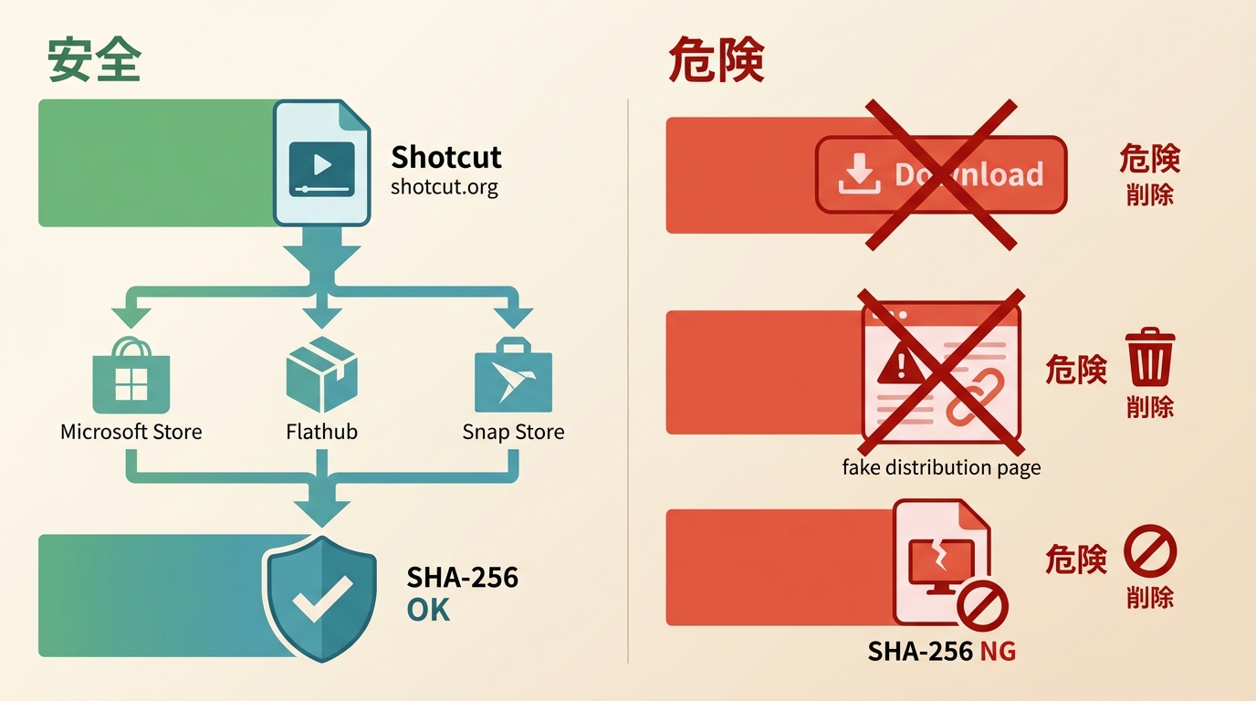 shotcut.orgからMicrosoft StoreやFlathubへ進み、SHA-256を照合する安全な入手手順