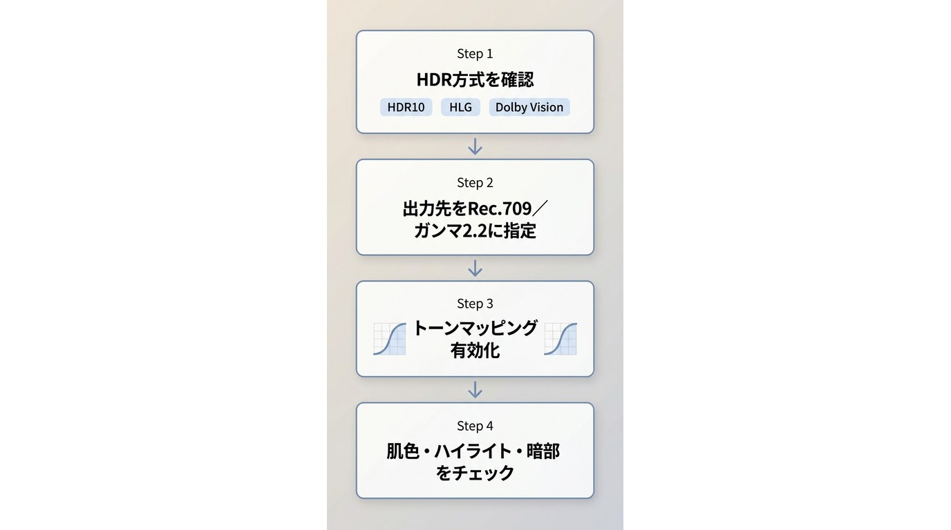 HDR→SDR変換の4ステップ：HDR方式確認→Rec.709指定→トーンマッピング→仕上がり確認