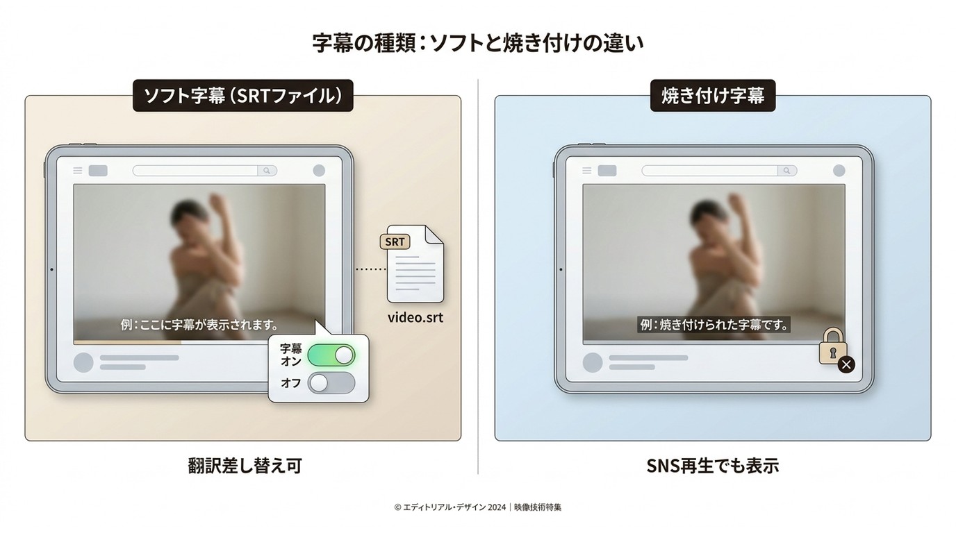 ソフト字幕(SRTファイル)と焼き付け字幕の管理方法と表示切り替えの違いを並べた比較図