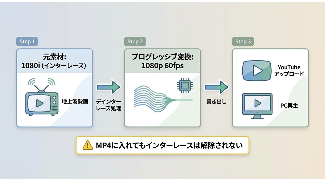 1080i素材をデインターレースして1080p 60fpsに変換しYouTubeやPCに書き出す3ステップのフロー図