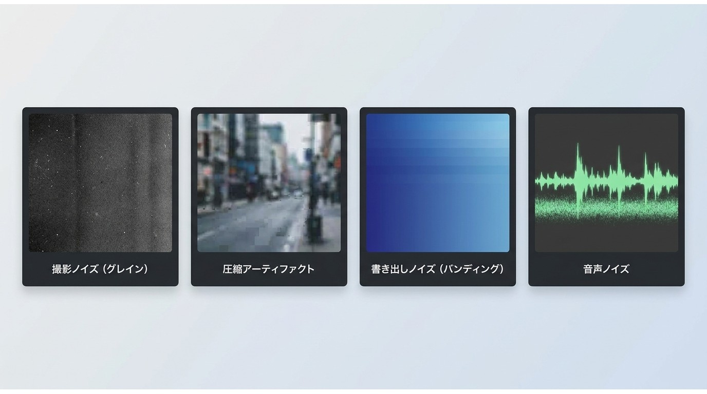 撮影グレイン・圧縮アーティファクト・書き出しバンディング・音声ノイズの4種類の見た目の違い