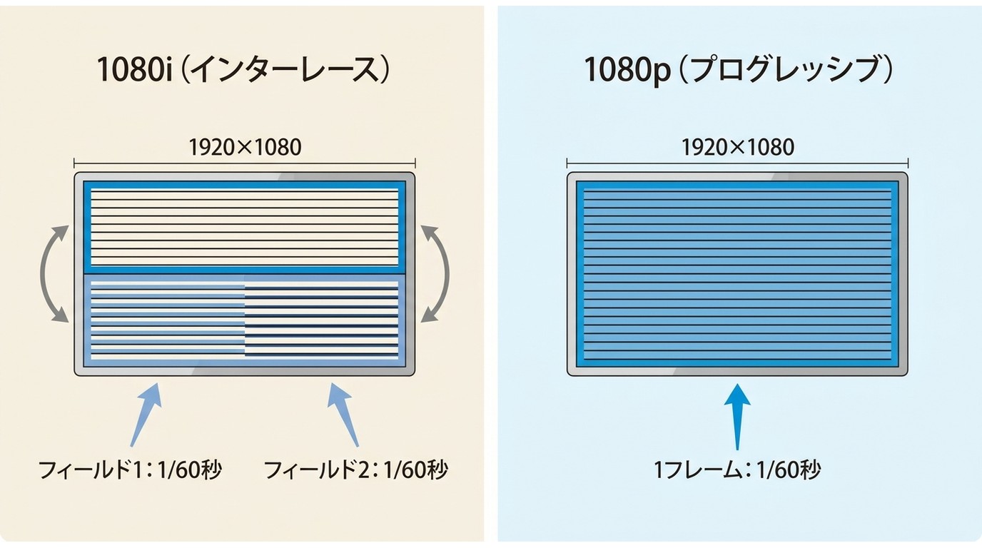 1080iは奇数・偶数ラインを交互に表示する2フィールド構成、1080pは全ラインを一度に表示する構成の比較図