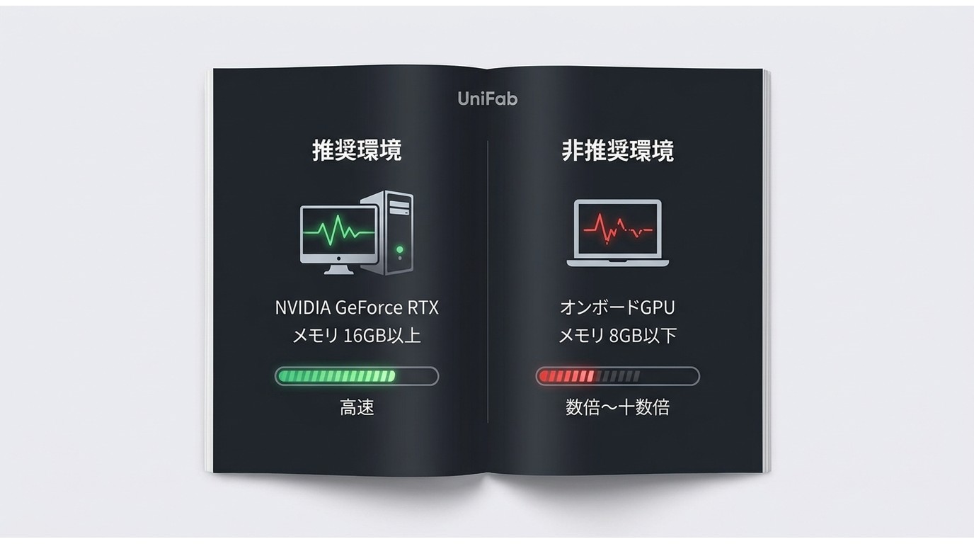 UniFabの推奨PC環境と非推奨環境の処理速度比較。独立GPUありとオンボードGPUの差