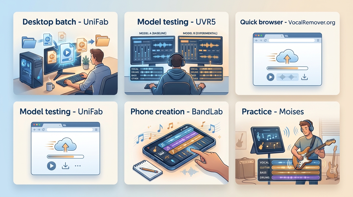 Use-case chooser linking UniFab, UVR5, VocalRemover.org, BandLab Splitter, and Moises to tasks