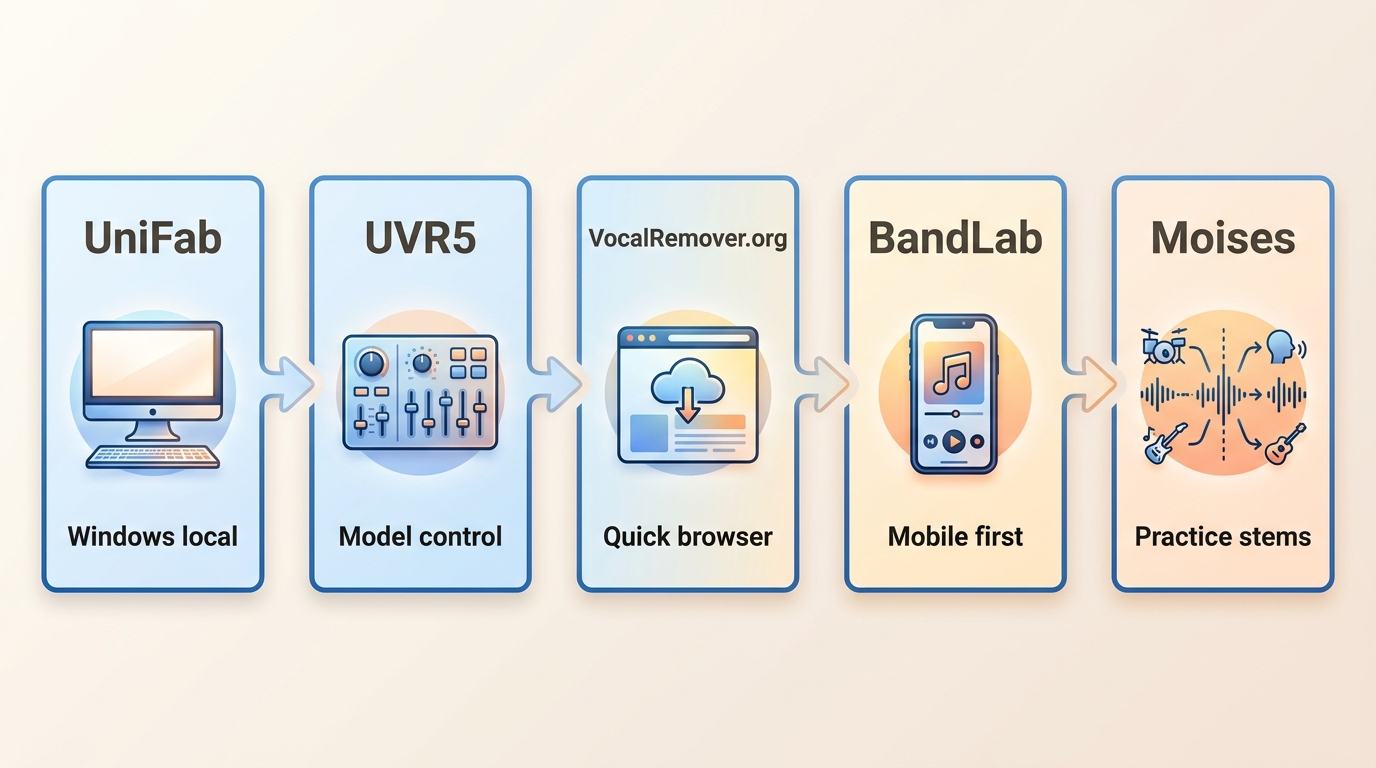 Workflow guide matching UniFab, UVR5, VocalRemover.org, BandLab Splitter, and Moises to use cases