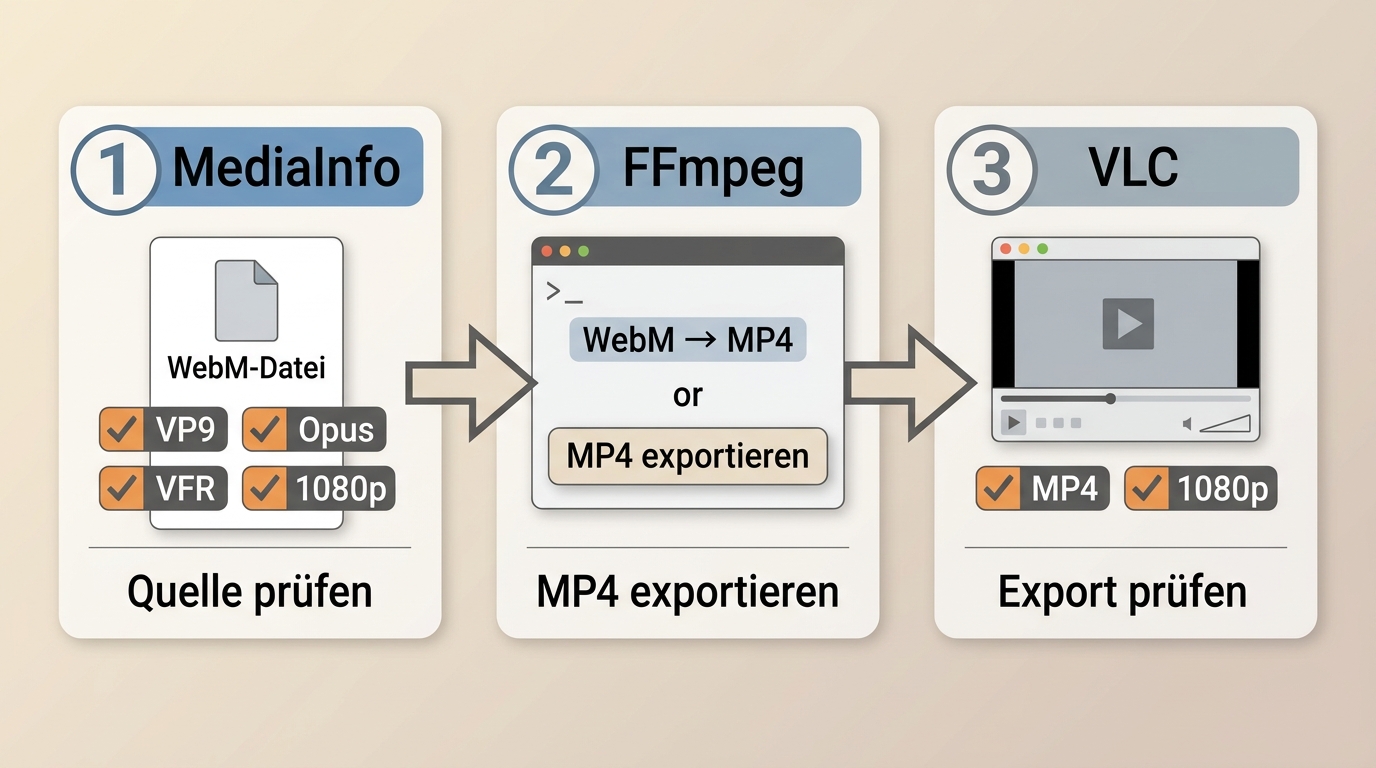 MediaInfo und FFmpeg zeigen Prüfung, Exportprofil und Kontrolle einer WebM-zu-MP4-Datei.