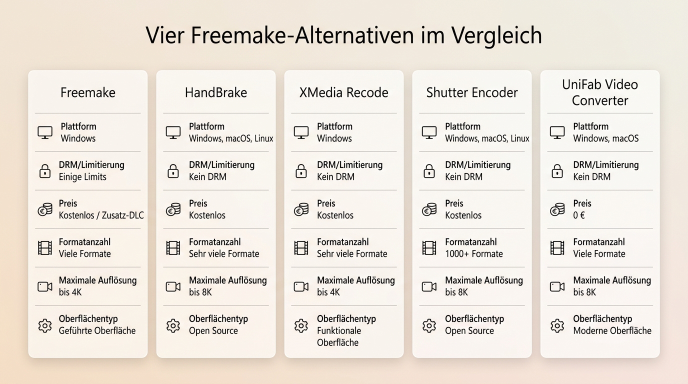 Vergleich von Freemake, HandBrake, XMedia Recode, Shutter Encoder und UniFab nach Plattform und Funk