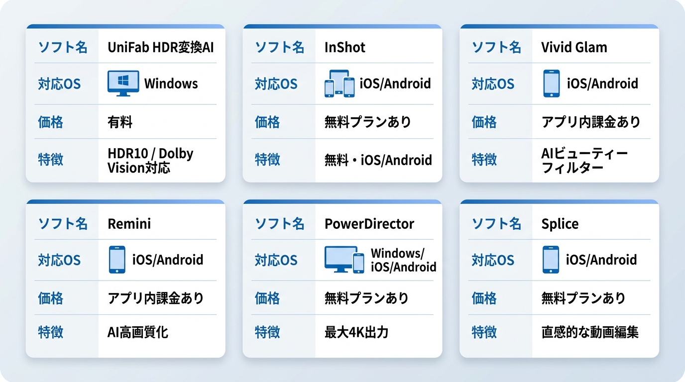 UniFab HDR変換AI・InShot・PowerDirectorなど6ツールの対応OS・価格・特徴比較
