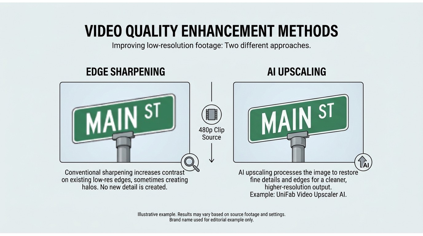 Difference between edge sharpening and AI upscaling for blurry video footage.