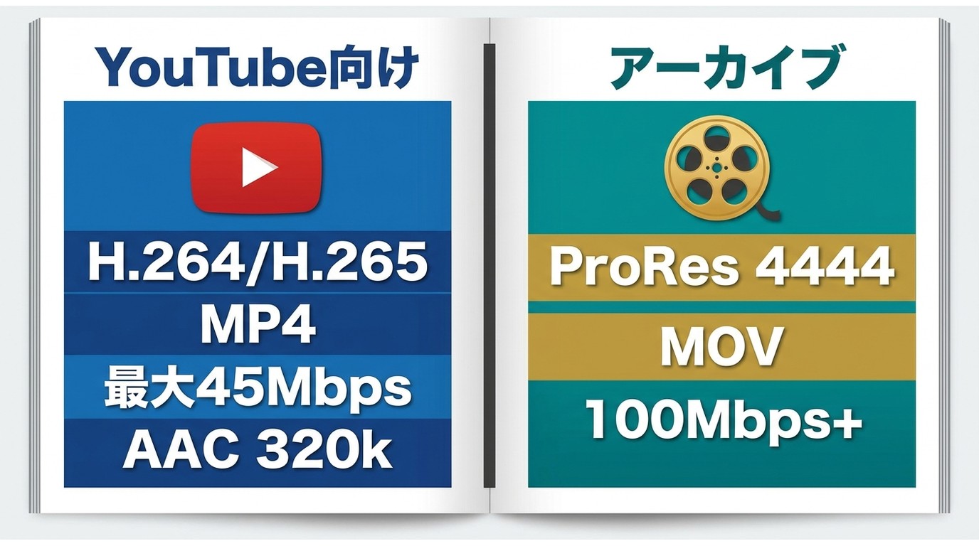 4K動画書き出し設定比較:YouTube向け(H.264・MP4・最大45,000kbps)とアーカイブ用(ProRes・MOV・100,000kbps以上)