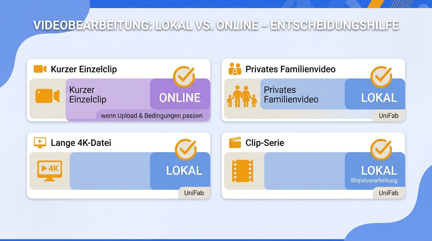 Entscheidungsmatrix, die für vier Einsatzfälle empfiehlt, ob eine lokale oder eine Online-Lösung pas