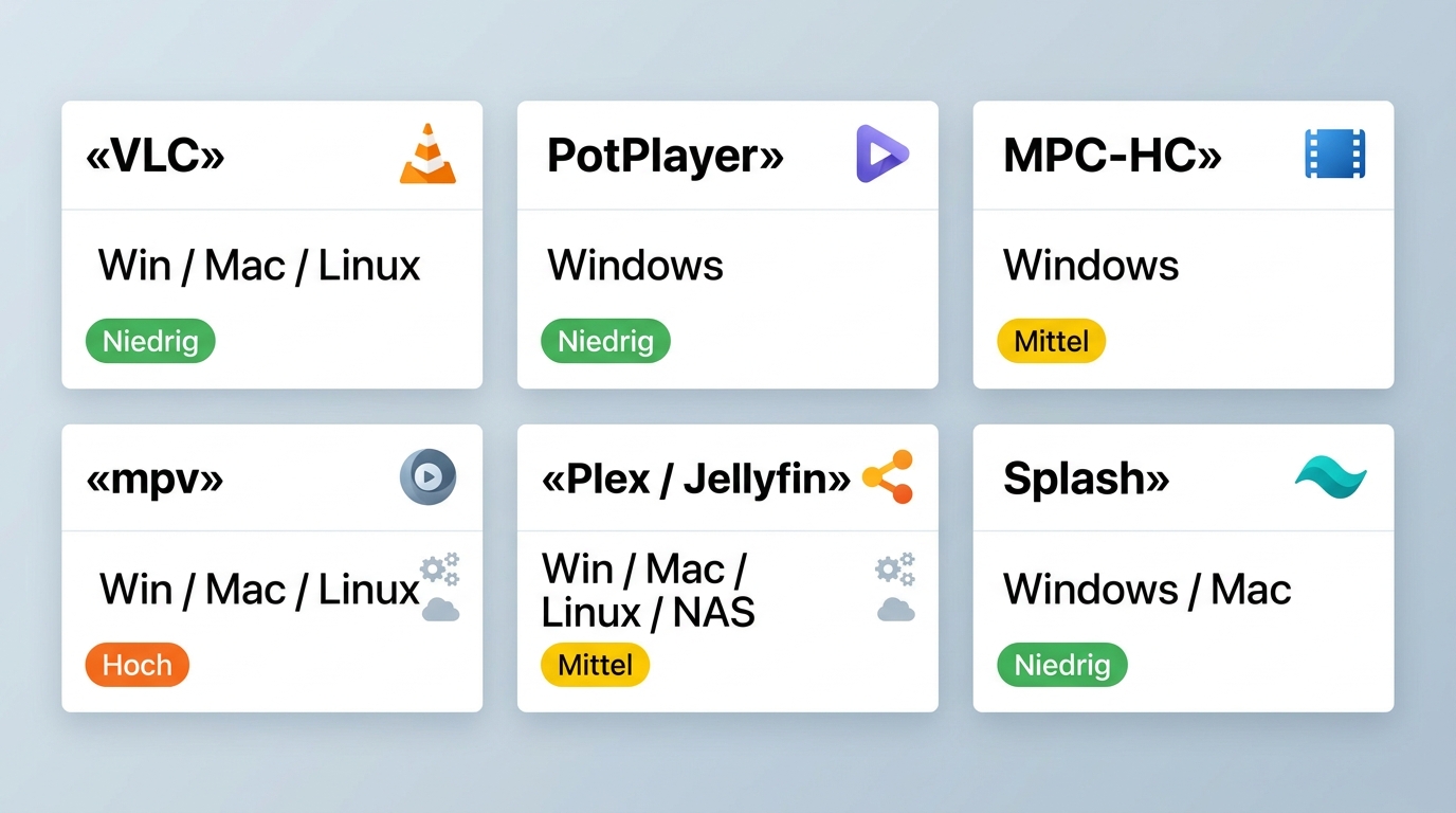 Vergleich von VLC, PotPlayer, MPC-HC, mpv, Plex/Jellyfin und Splash nach Plattform, Decoder-API und