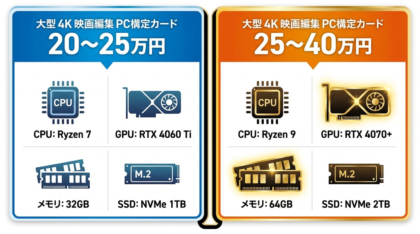 4K動画編集PC構成:20〜25万円(RTX 4060 Ti・32GB)と25〜40万円(RTX 4070・64GB)の比較