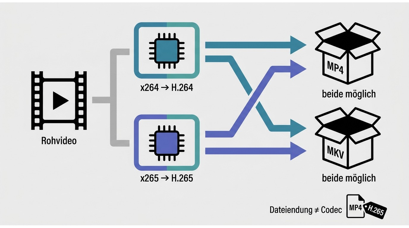 H.264 und H.265 als Codecs, x264 und x265 als Encoder sowie MP4 und MKV als Container