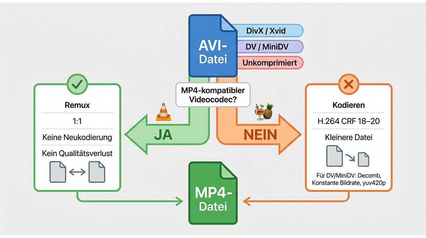 Entscheidungshilfe für Remuxing oder Neukodierung von AVI nach MP4.