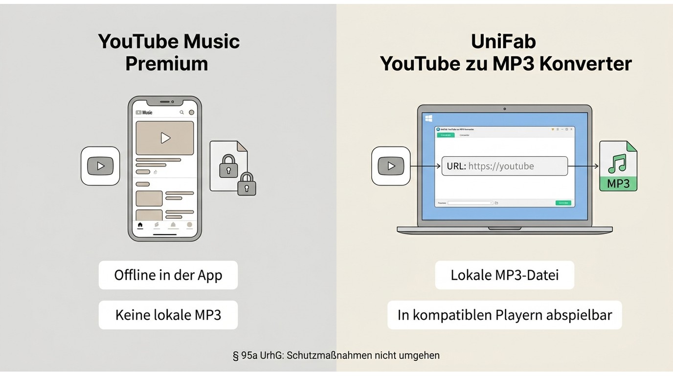 YouTube Music Premium speichert Offline-Inhalte in der App, UniFab erzeugt lokale MP3-Dateien.