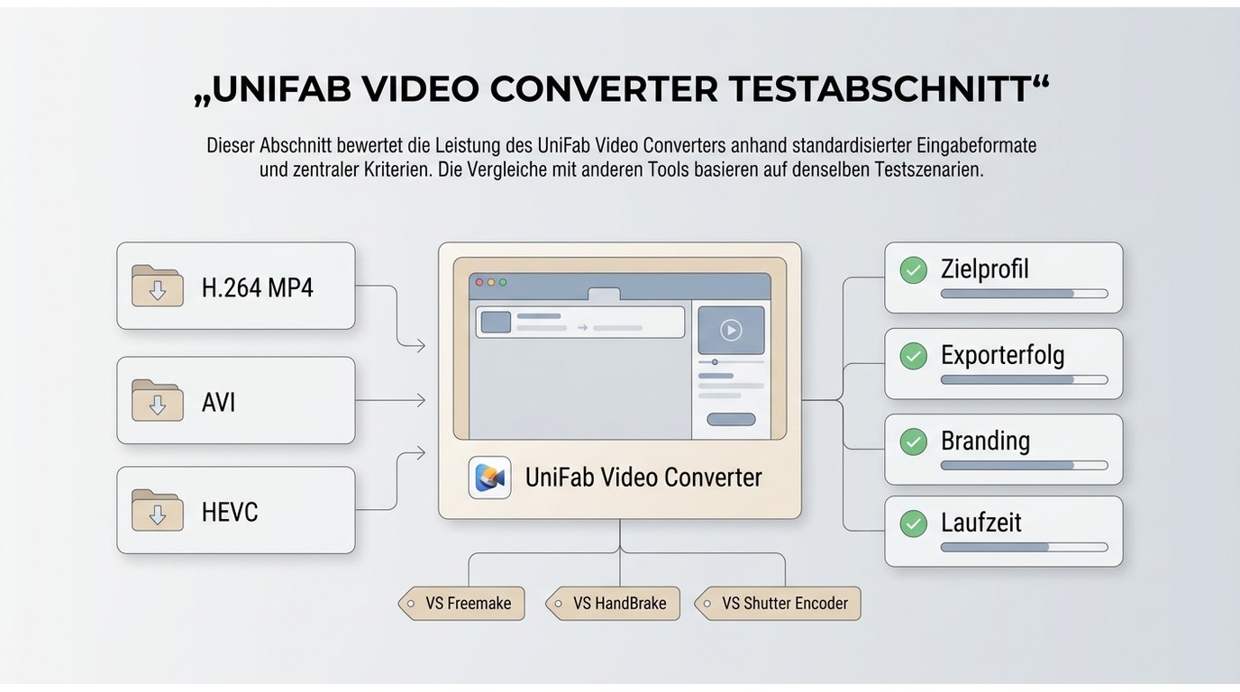 Vergleichstest mit H.264 MP4, AVI und HEVC sowie den Prüfpunkten Zielprofil, Export und Branding