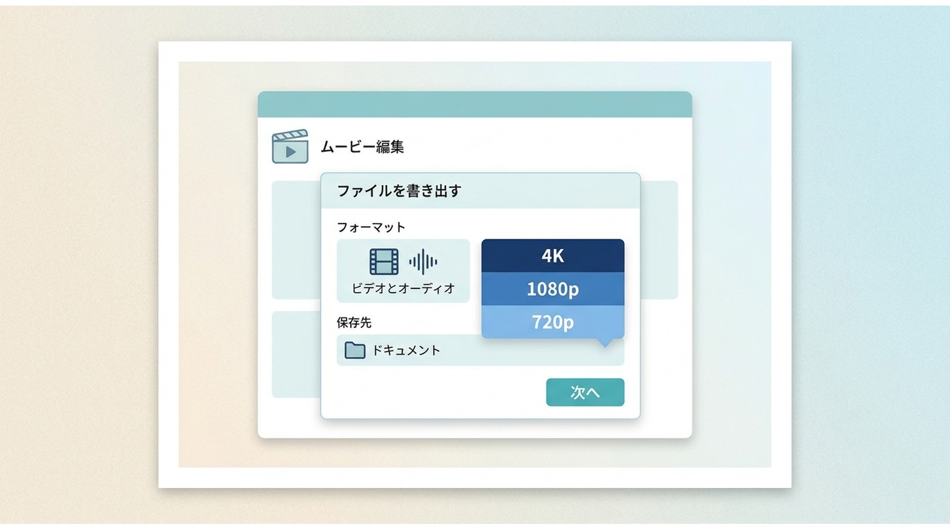 iMovieの「ファイルを書き出す」ダイアログで解像度を4K・1080p・720pから選択している画面