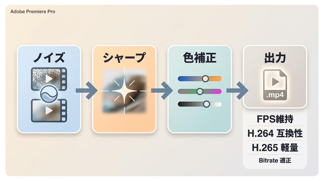 MP4を編集ソフトで補正する順番とH.264・H.265の書き出し目安