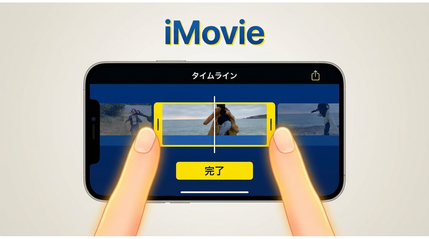 iPhoneのiMovieでクリップの黄色いトリムハンドルを操作してカット編集している画面
