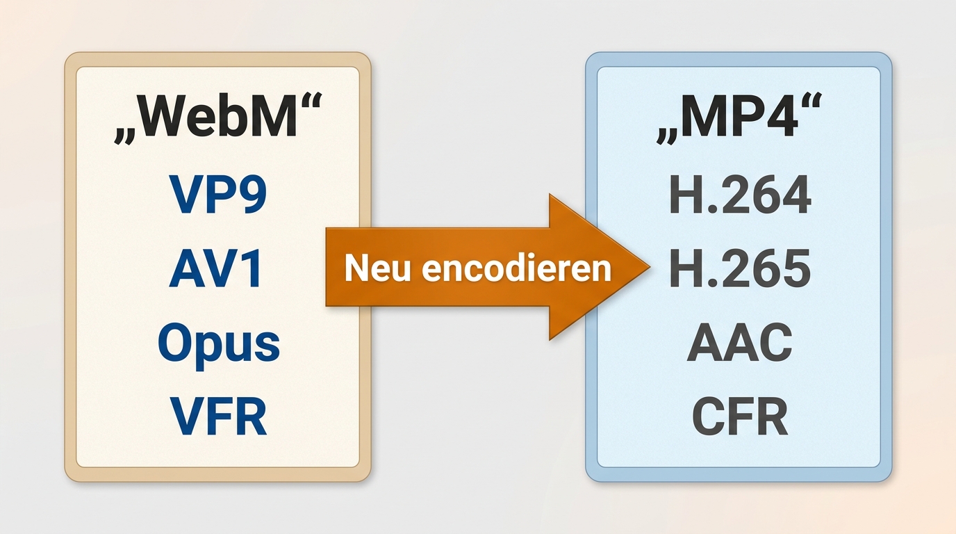 WebM- und MP4-Container mit VP9, AV1, Opus sowie H.264, H.265 und AAC.